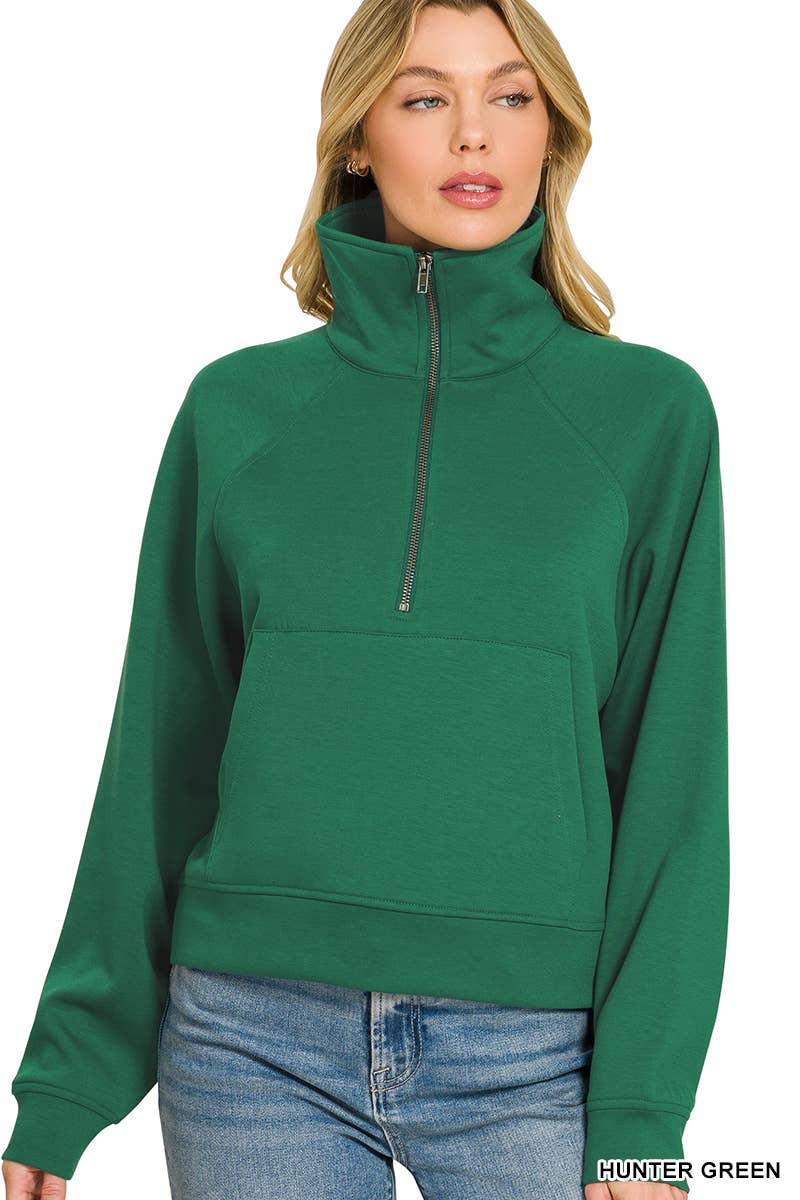 Scuba Half Zip Pullover With Kangaroo Pocket Zenana: H GREY-190578 / L