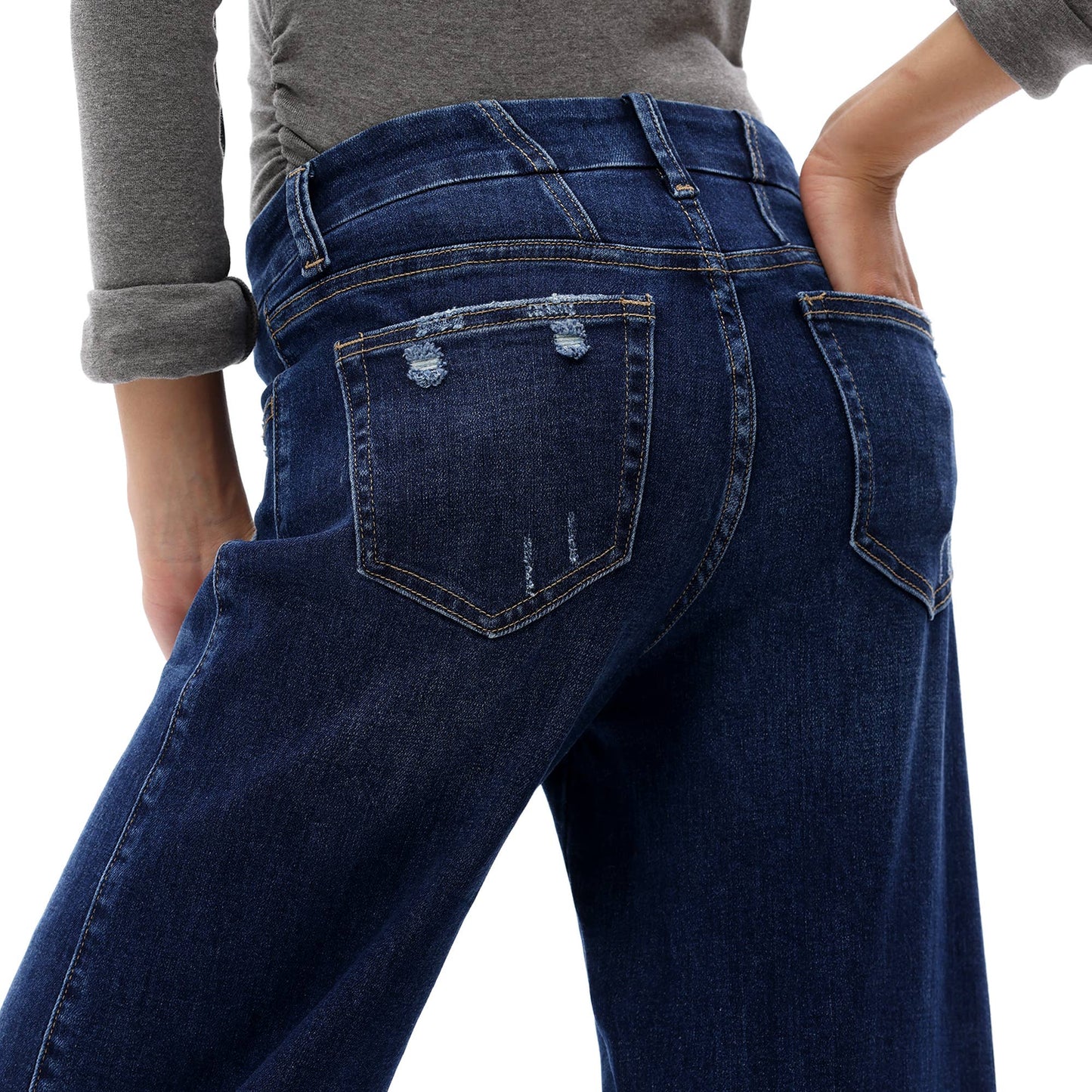 Mid Rise Wide Leg Jeans Raw Hem Vintage Distressed OSW8019: VINTAGE BLUE / 26