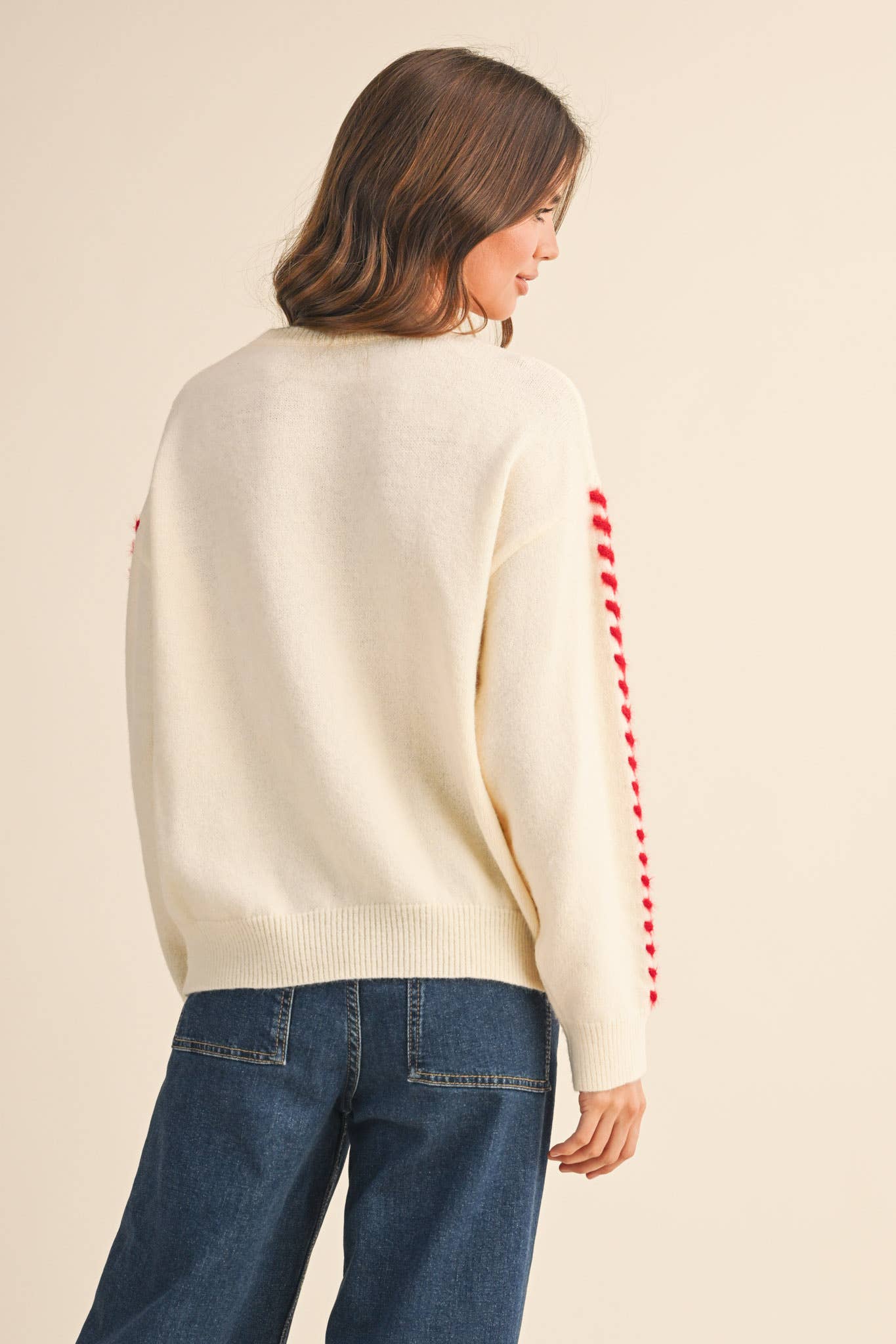 FUZZY HEART KNIT SWEATER WITH WHIP STITCH MSW10990: Red / S