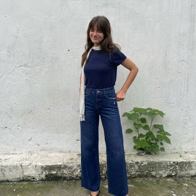 Mid Rise Wide Leg Jeans Raw Hem Vintage Distressed OSW8019: VINTAGE BLUE / 25