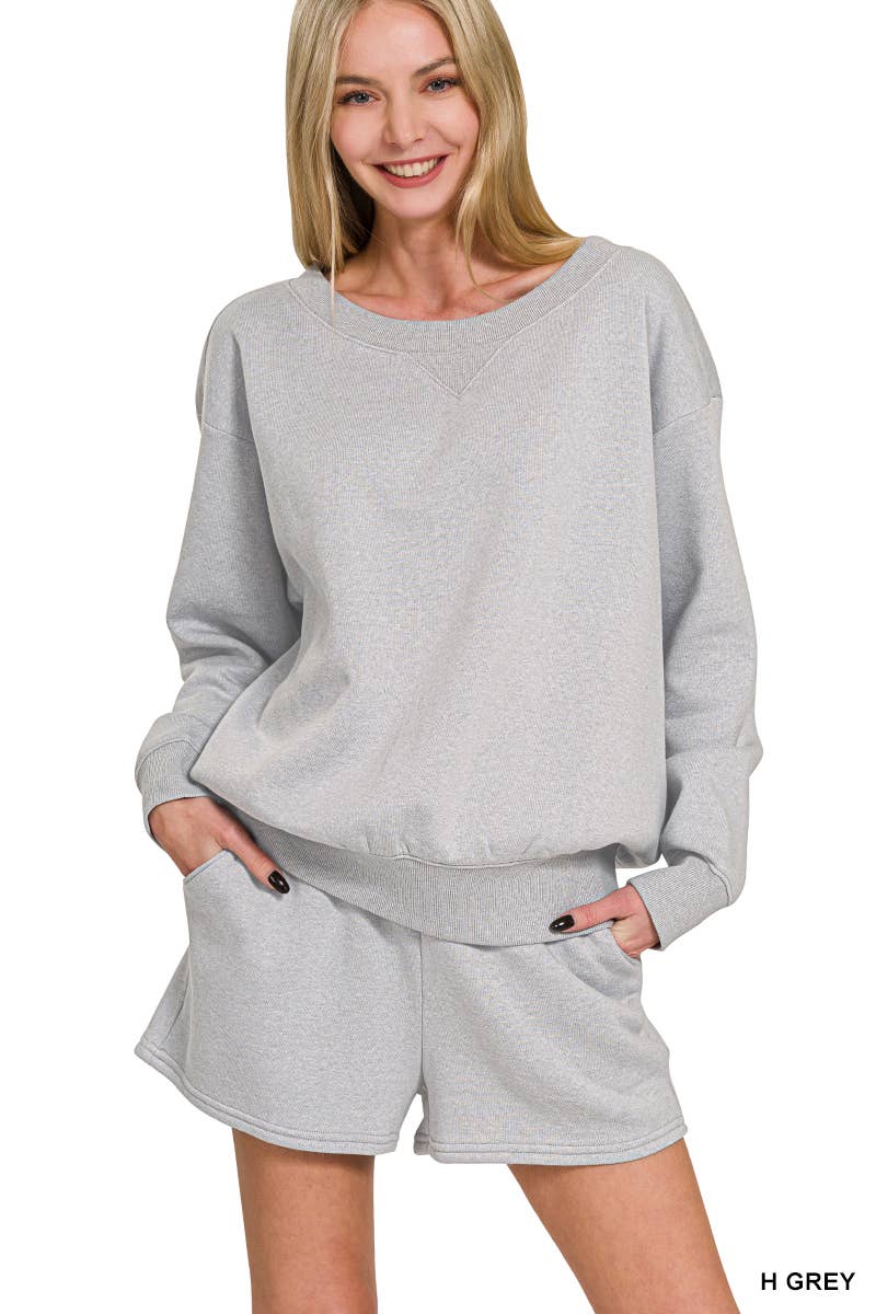 Fleece Sweatshirts & Drawstring Shorts 2pc Set Zenana: ASH MOCHA-186261 / S