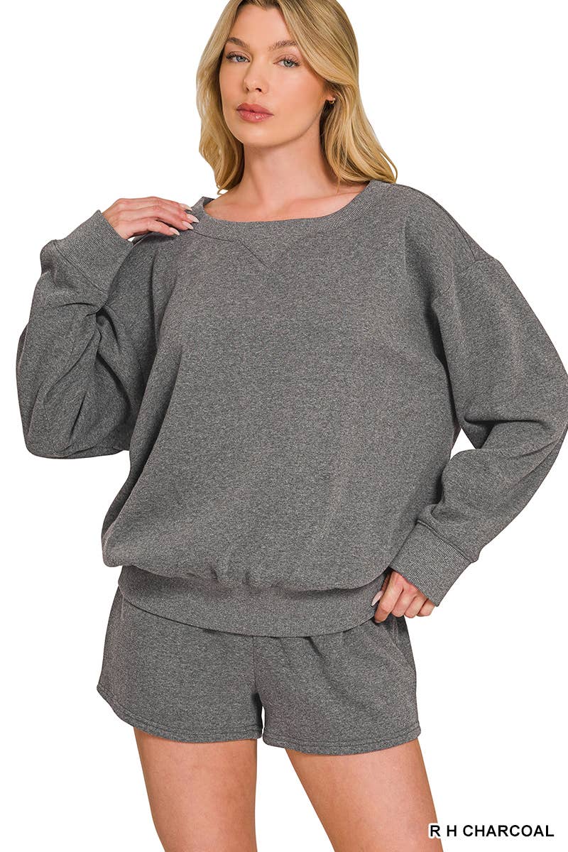 Fleece Sweatshirts & Drawstring Shorts 2pc Set Zenana: ASH MOCHA-186261 / L