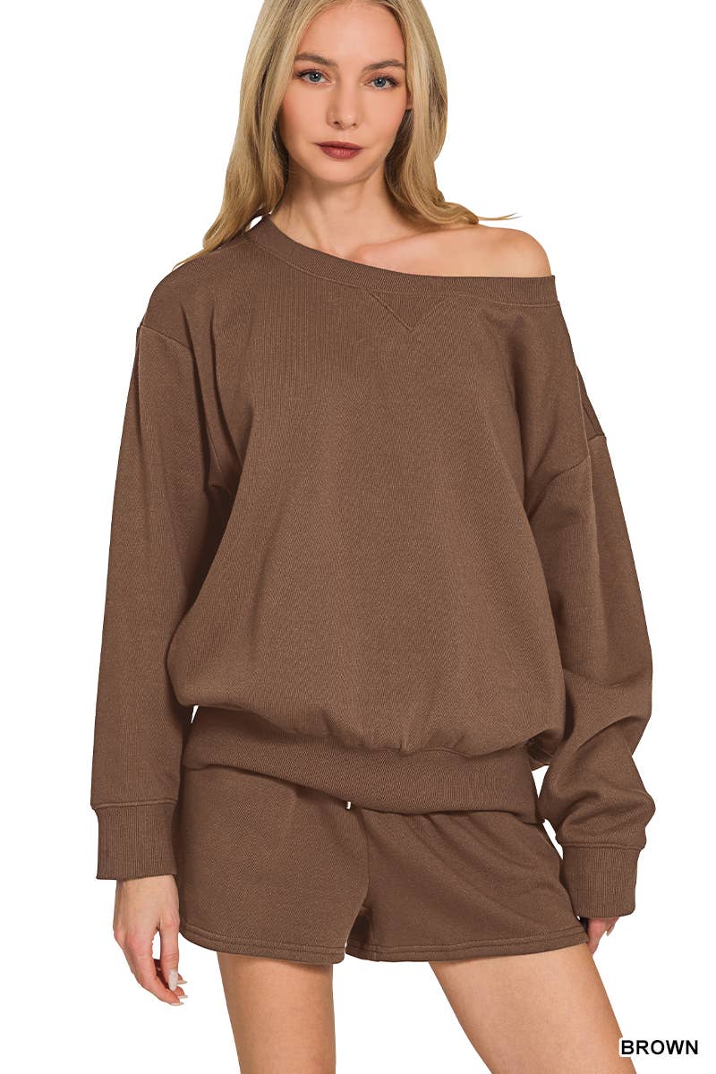 Fleece Sweatshirts & Drawstring Shorts 2pc Set Zenana: ASH MOCHA-186261 / L