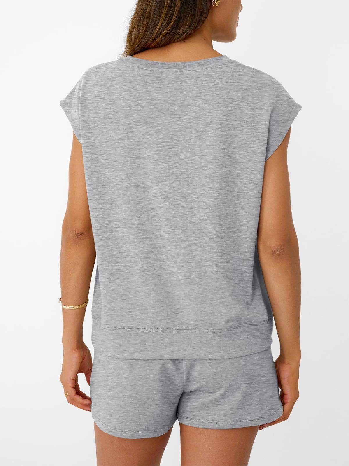 Casual Lounge Set Cap Sleeve Top Drawstring Shorts: Black / 65%Polyester+30%Viscose+5%Elastane / XL
