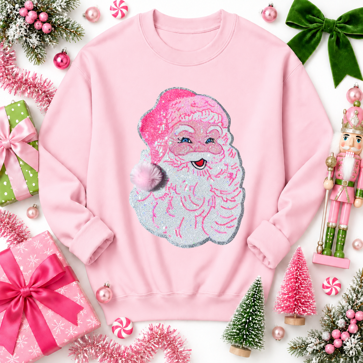 Pink Santa Fluffy Ball Christmas Sequin Patch - Large