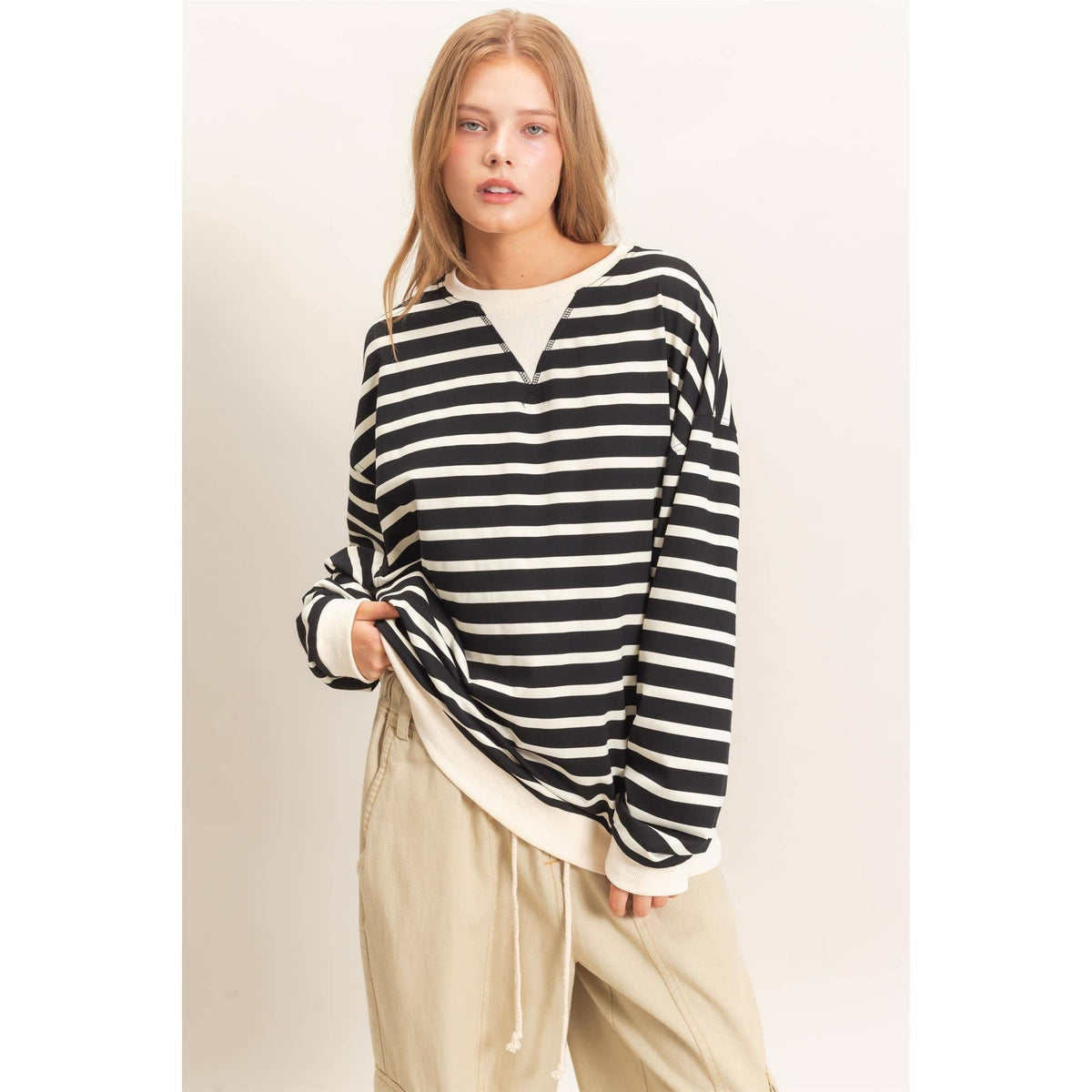 Striped Long Sleeve Pullover: GRAY/ECRU / S-M-L(2-2-2)
