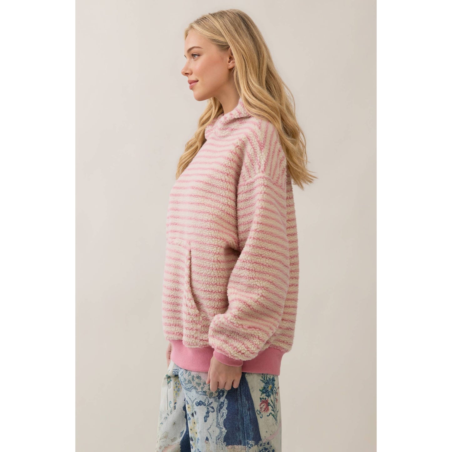 Teddy Striped Contrast Cozy Hoodie: Brown / S
