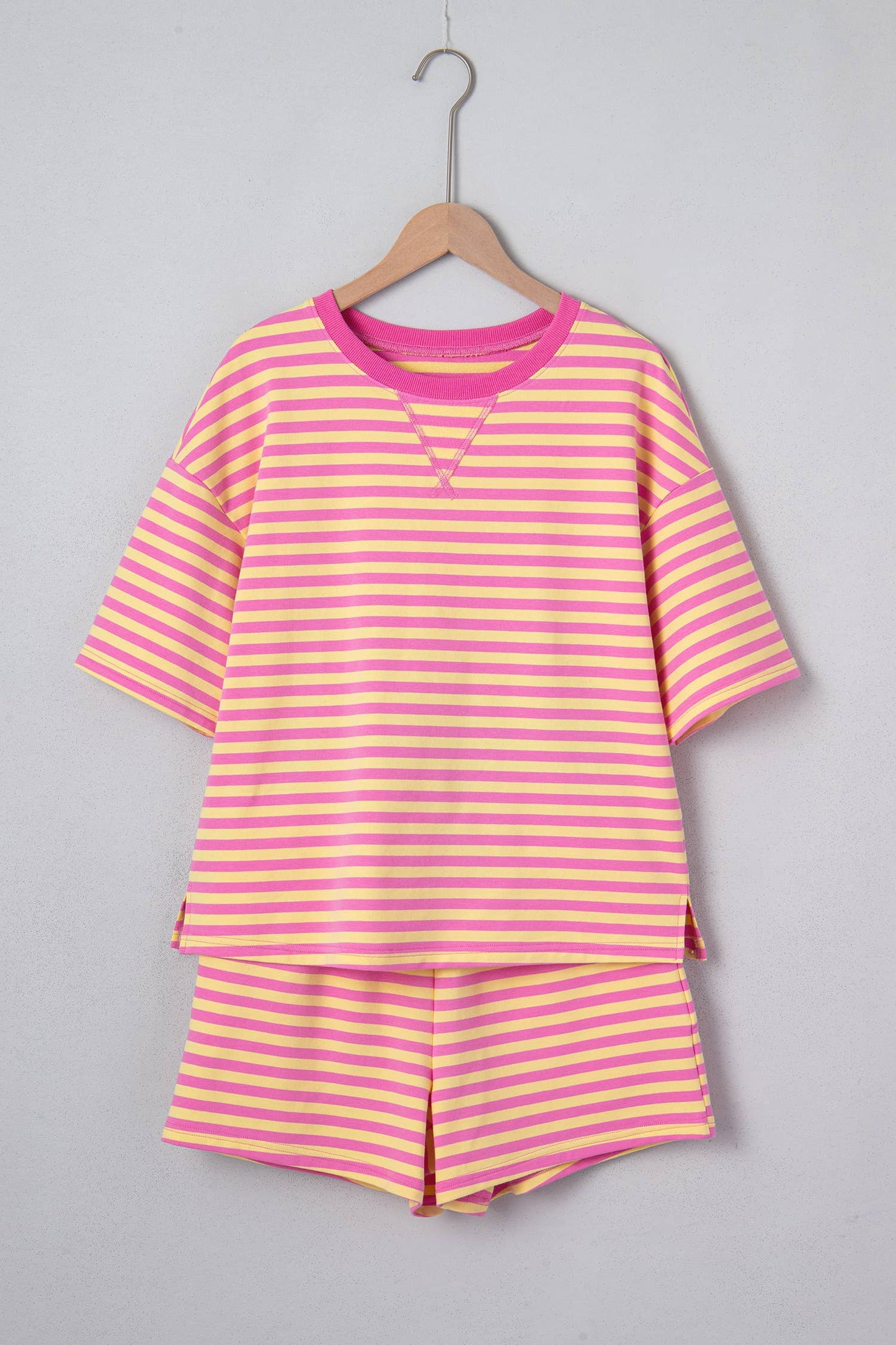 LAS Stripe Contrast Trim Boxy Terry Short Set (S-XL): Rose Stripe / Missy / XL