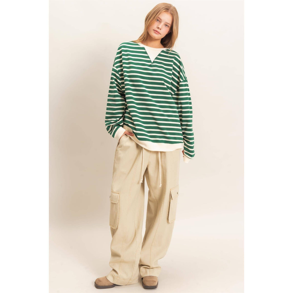 Striped Long Sleeve Pullover: BLACK/CREAM / S-M-L(2-2-2)