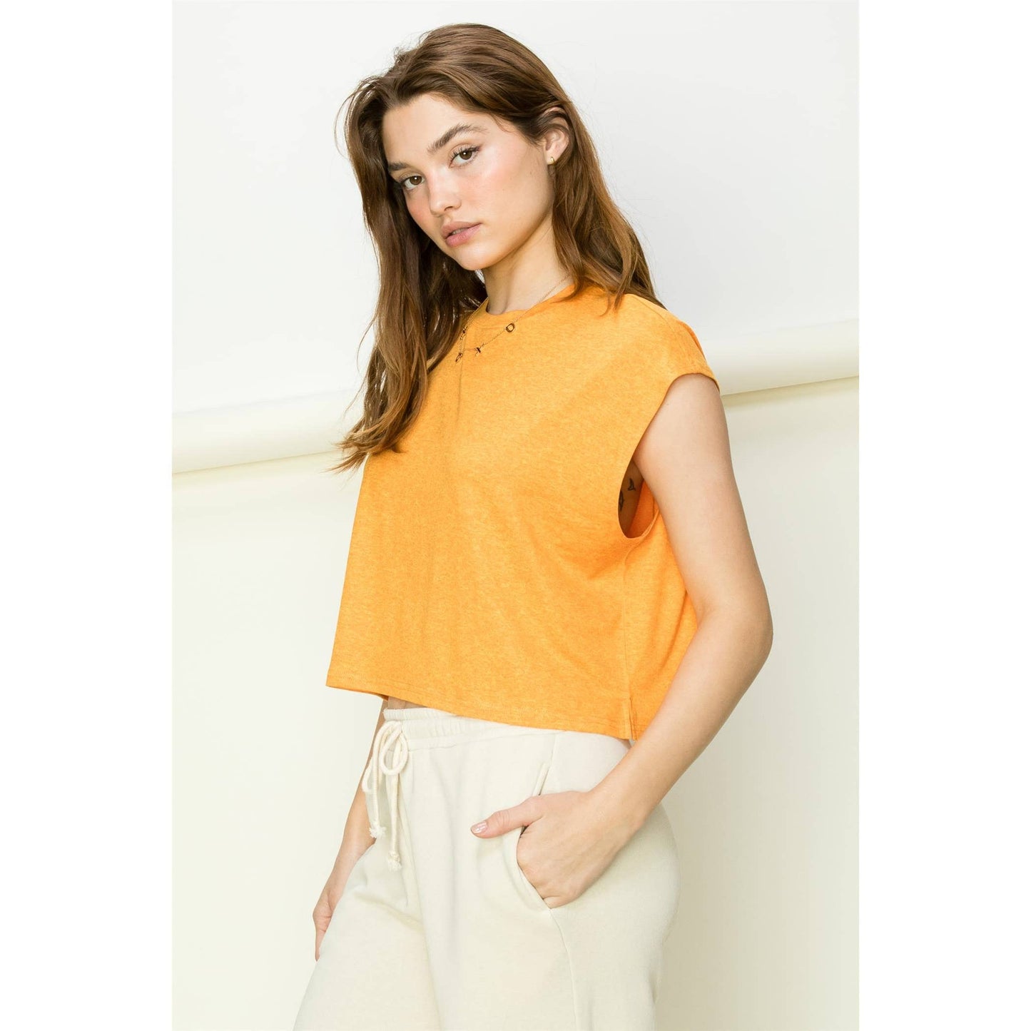Crew Neck Cropped Top: KHAKI / S-M-L(2-2-2)
