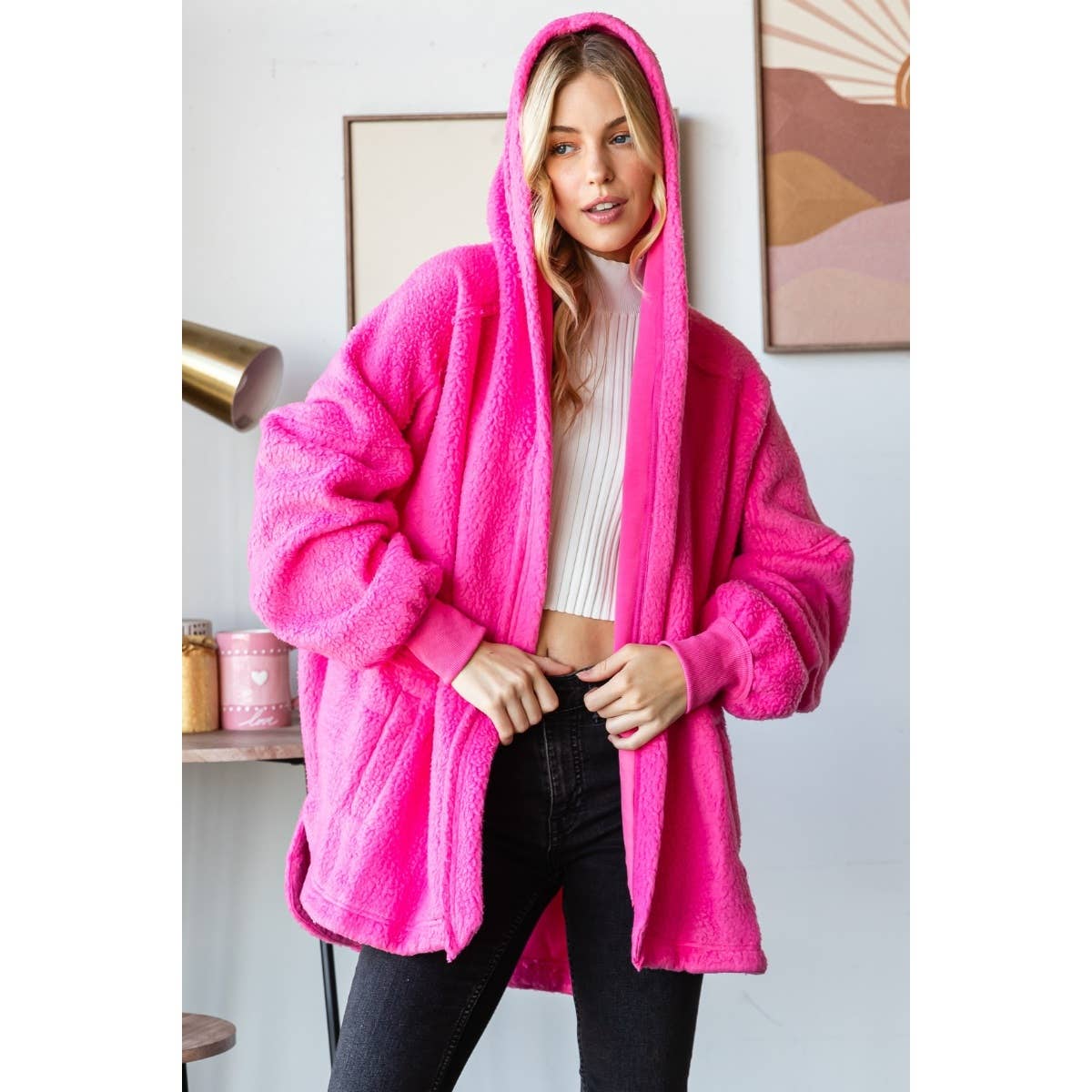 Lightweight Fleece Hooded Jacket: Hot pink / M