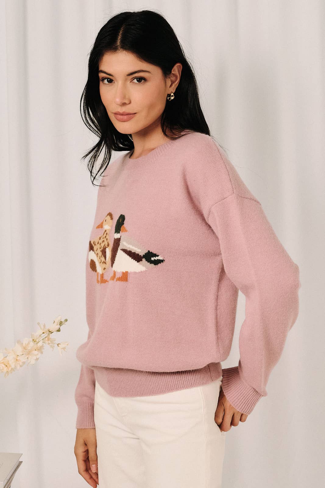 Round Neck Mallard Duck Graphic Long Sleeve Knit Sweater: LAVENDER / S