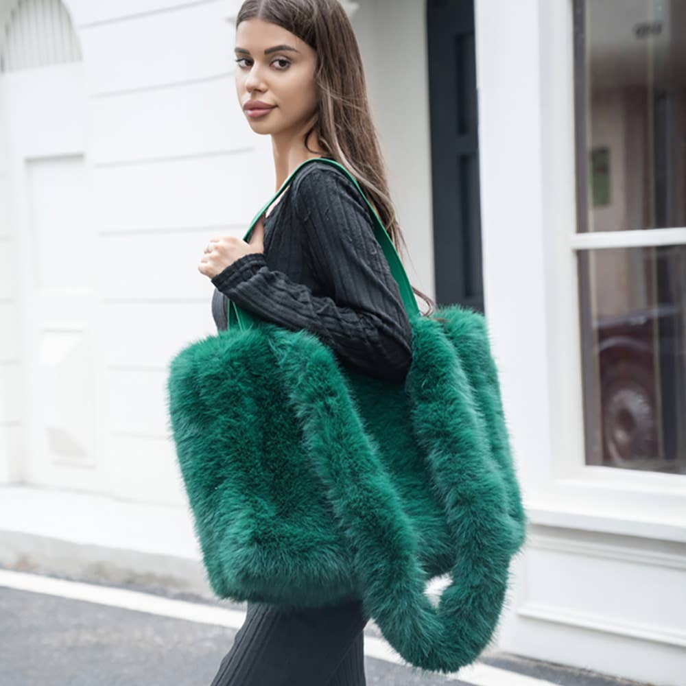 Fluffy Faux Fur Oversized Tote Bag / Handbag: Black