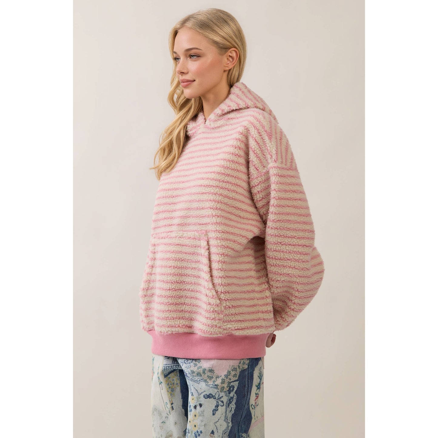 Teddy Striped Contrast Cozy Hoodie: Brown / S