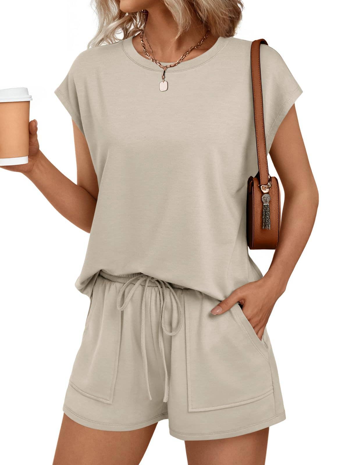 Casual Lounge Set Cap Sleeve Top Drawstring Shorts: Black / 65%Polyester+30%Viscose+5%Elastane / M