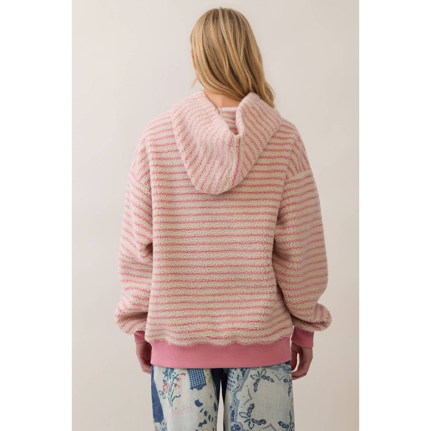 Teddy Striped Contrast Cozy Hoodie: Brown / L