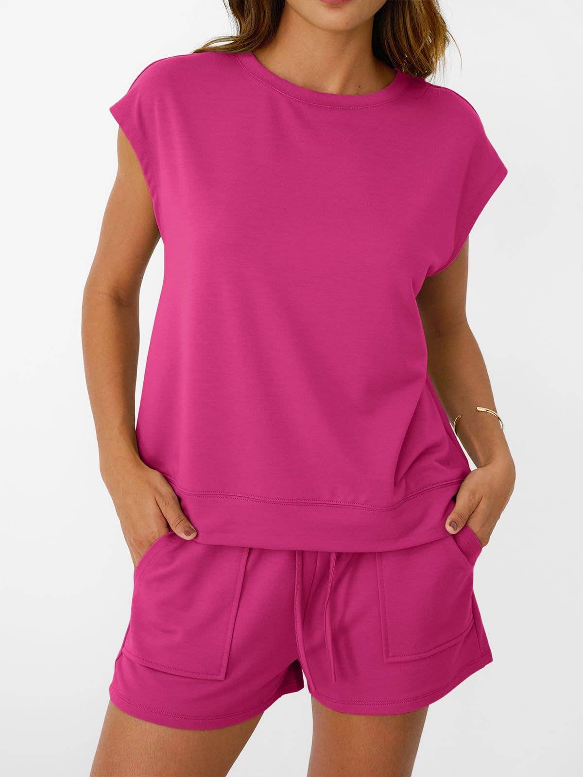 Casual Lounge Set Cap Sleeve Top Drawstring Shorts: Black / 65%Polyester+30%Viscose+5%Elastane / M