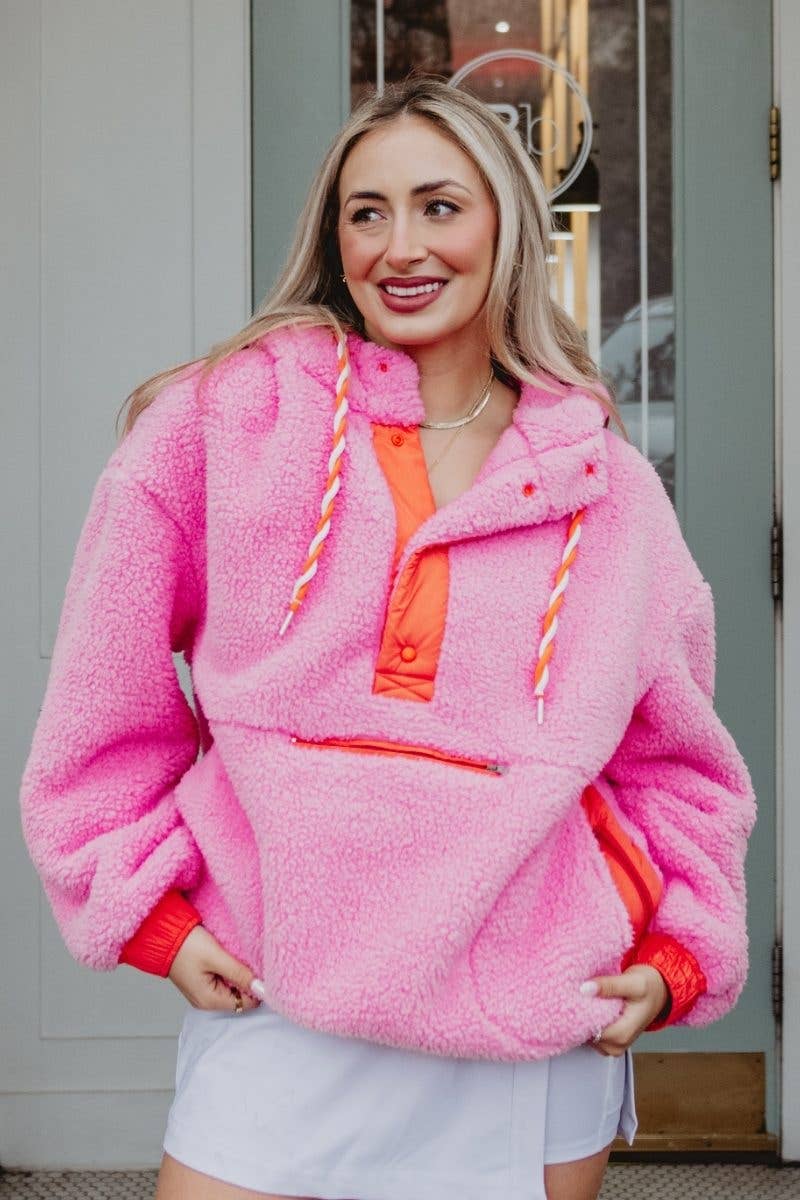 Pink Two-Toned Sherpa Pullover Hoodies: Pink / L