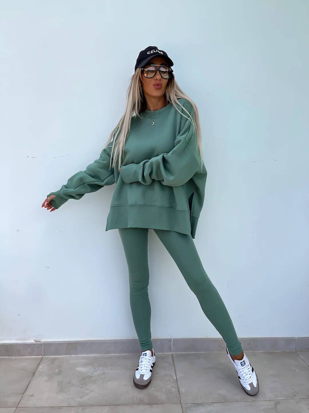 Oversized Sweatshirt and Leggings Two Piece Set: Blue / 100%Polyester / M