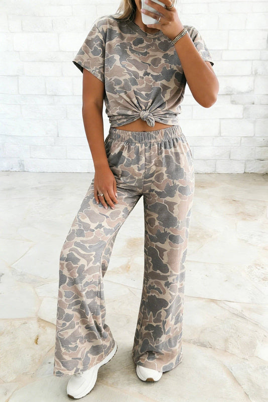 Camo Print Tee and Wide Leg Pants Two Piece Set: Multicolour / 95%Polyester+5%Elastane / M