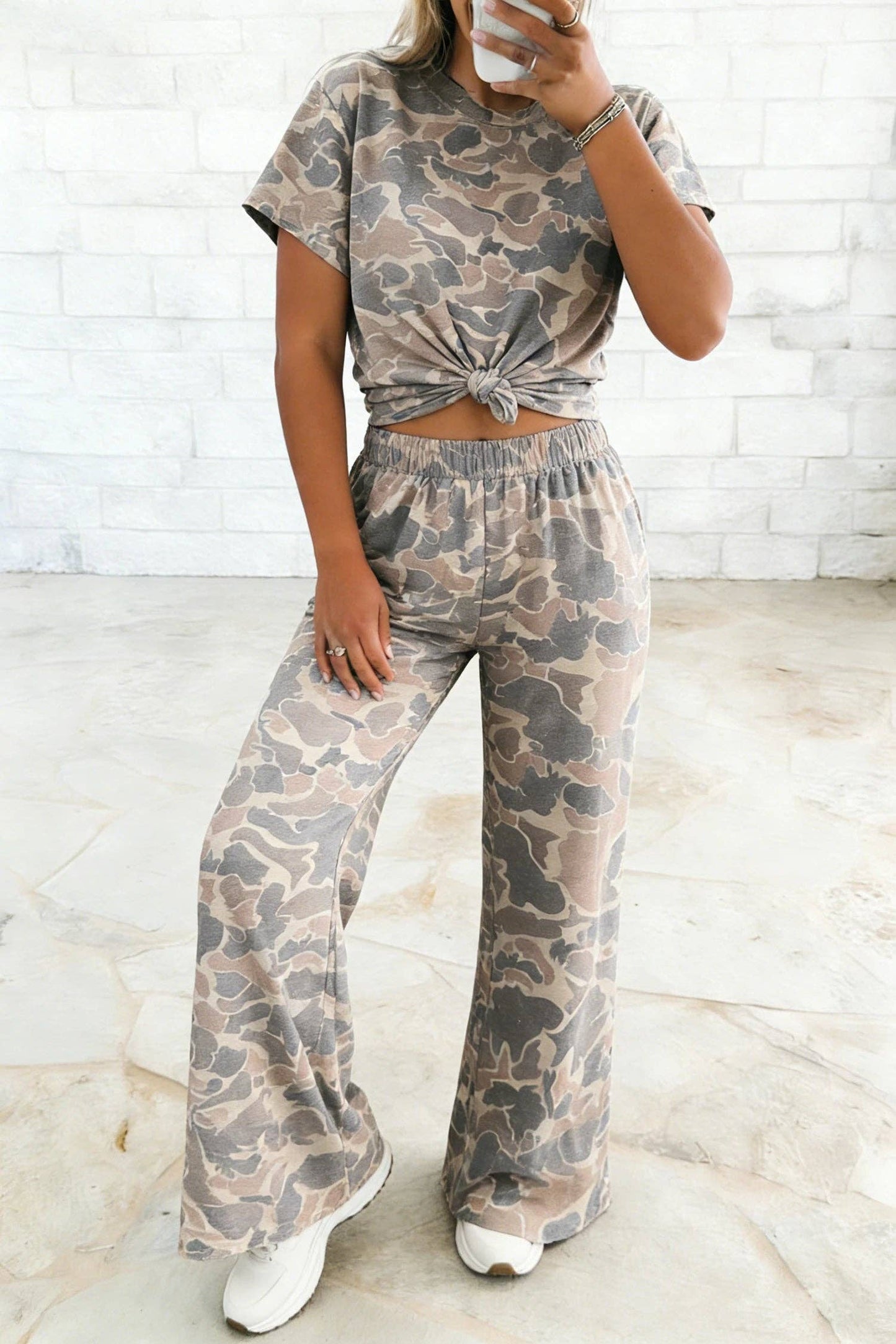 Camo Print Tee and Wide Leg Pants Two Piece Set: Multicolour / 95%Polyester+5%Elastane / S