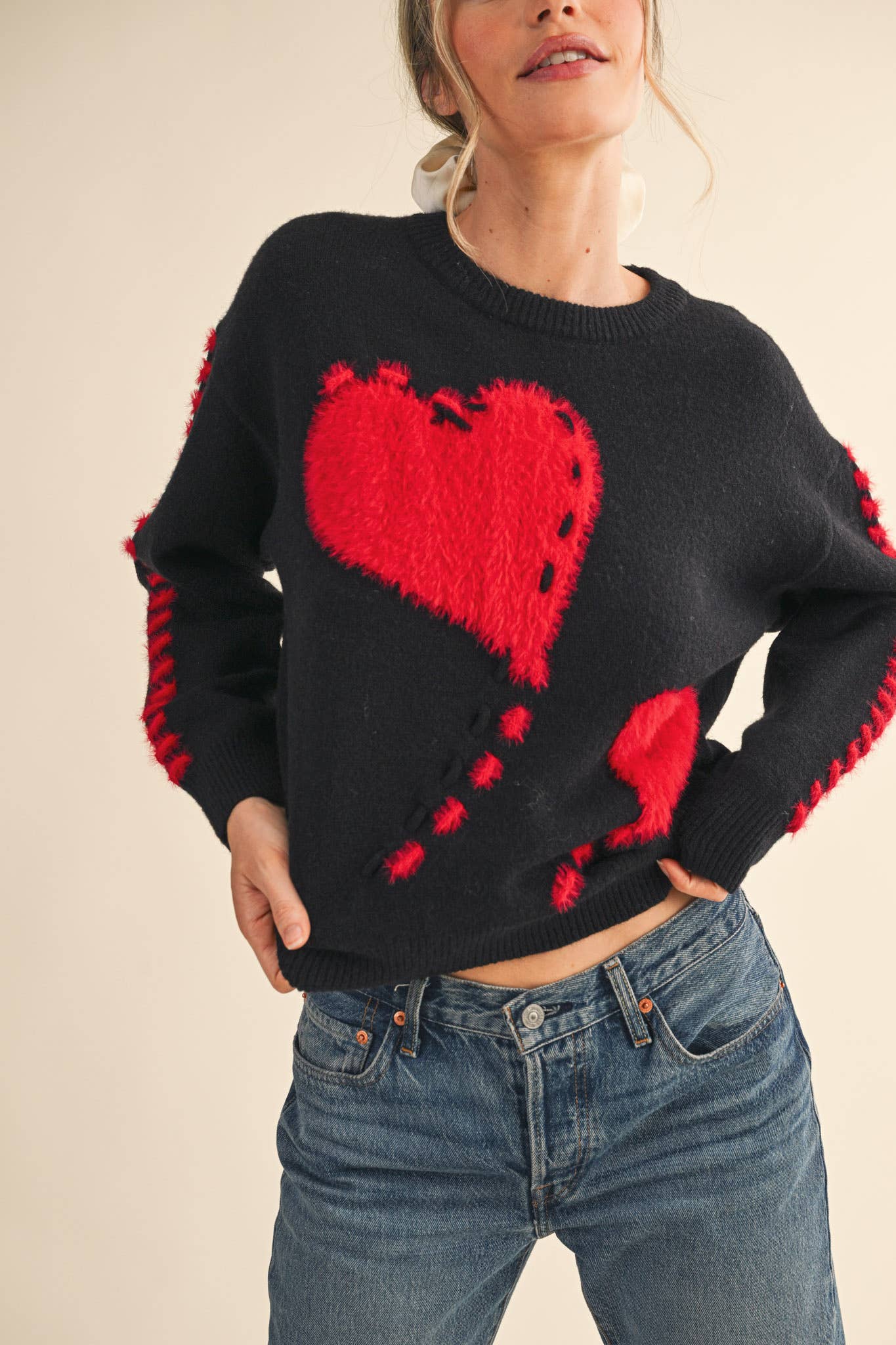 FUZZY HEART KNIT SWEATER WITH WHIP STITCH MSW10990: Red / M