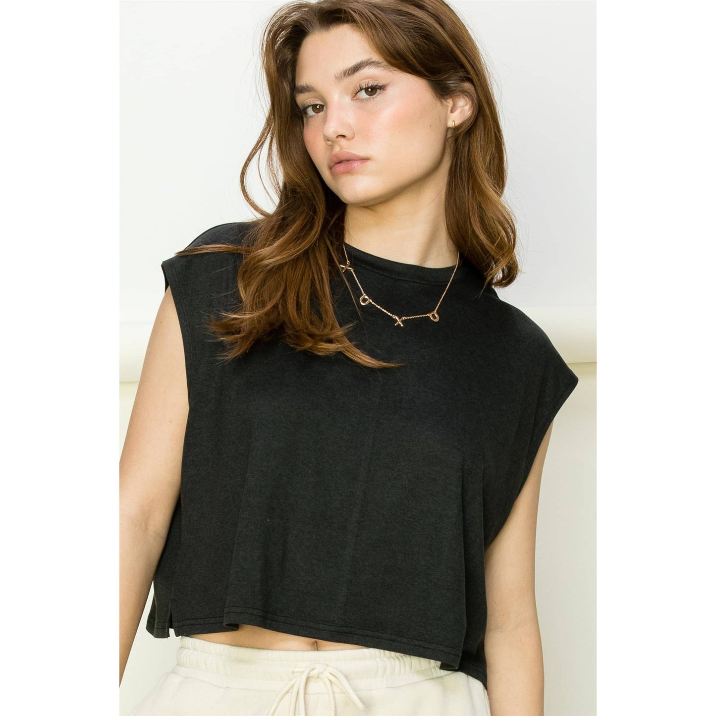 Crew Neck Cropped Top: KHAKI / S-M-L(2-2-2)