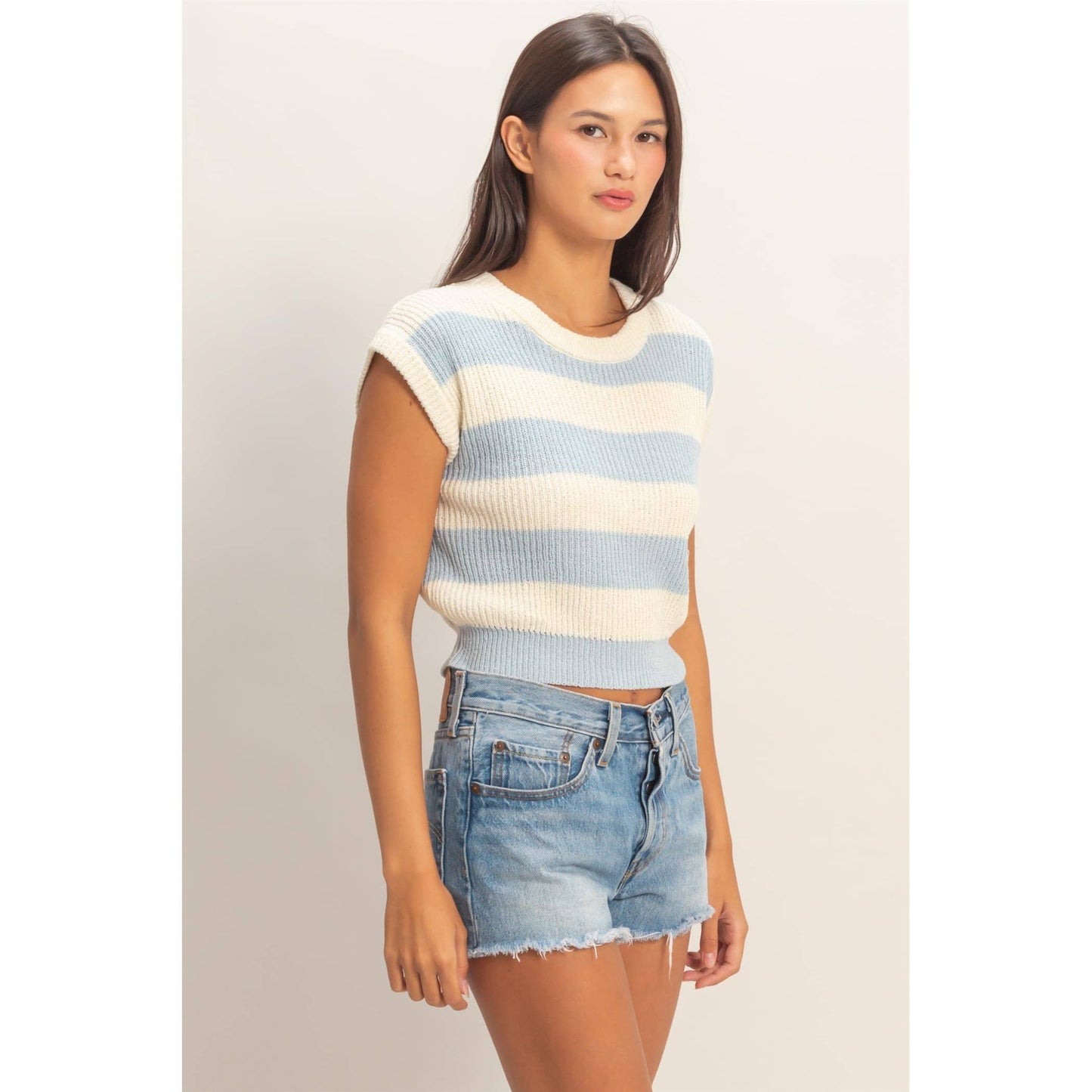 Striped Ribbed Knit Top: TAUPE / S-M-L(2-2-2)