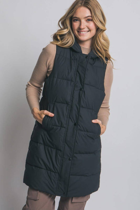 Hooded Long Quilted Puffer Vest: BLACK / 2-2-2(S-M-L)