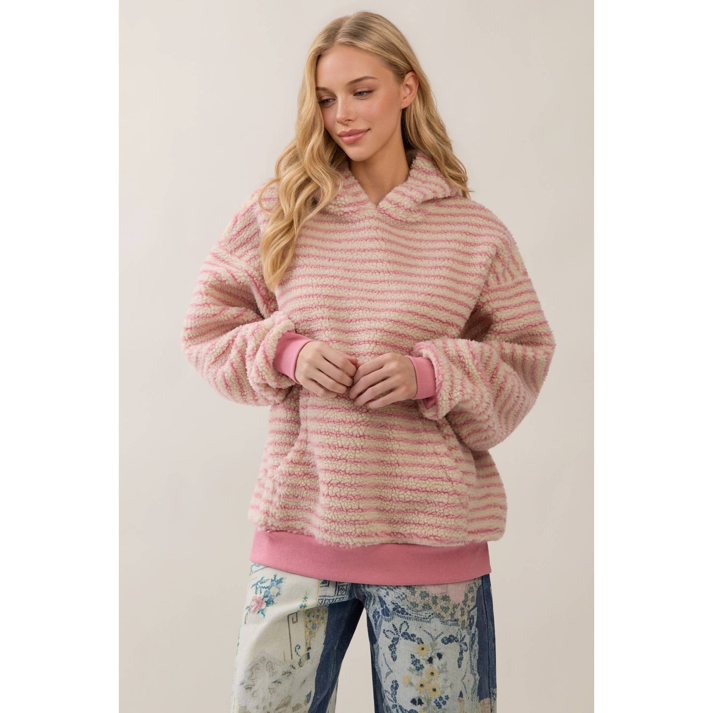 Teddy Striped Contrast Cozy Hoodie: Brown / S
