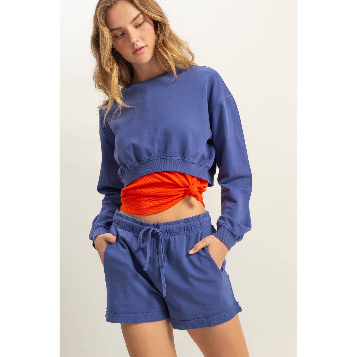 Crew Neck Long Sleeve Crop Sweatshirt: DUSTY INDIGO / S-M-L(2-2-2)