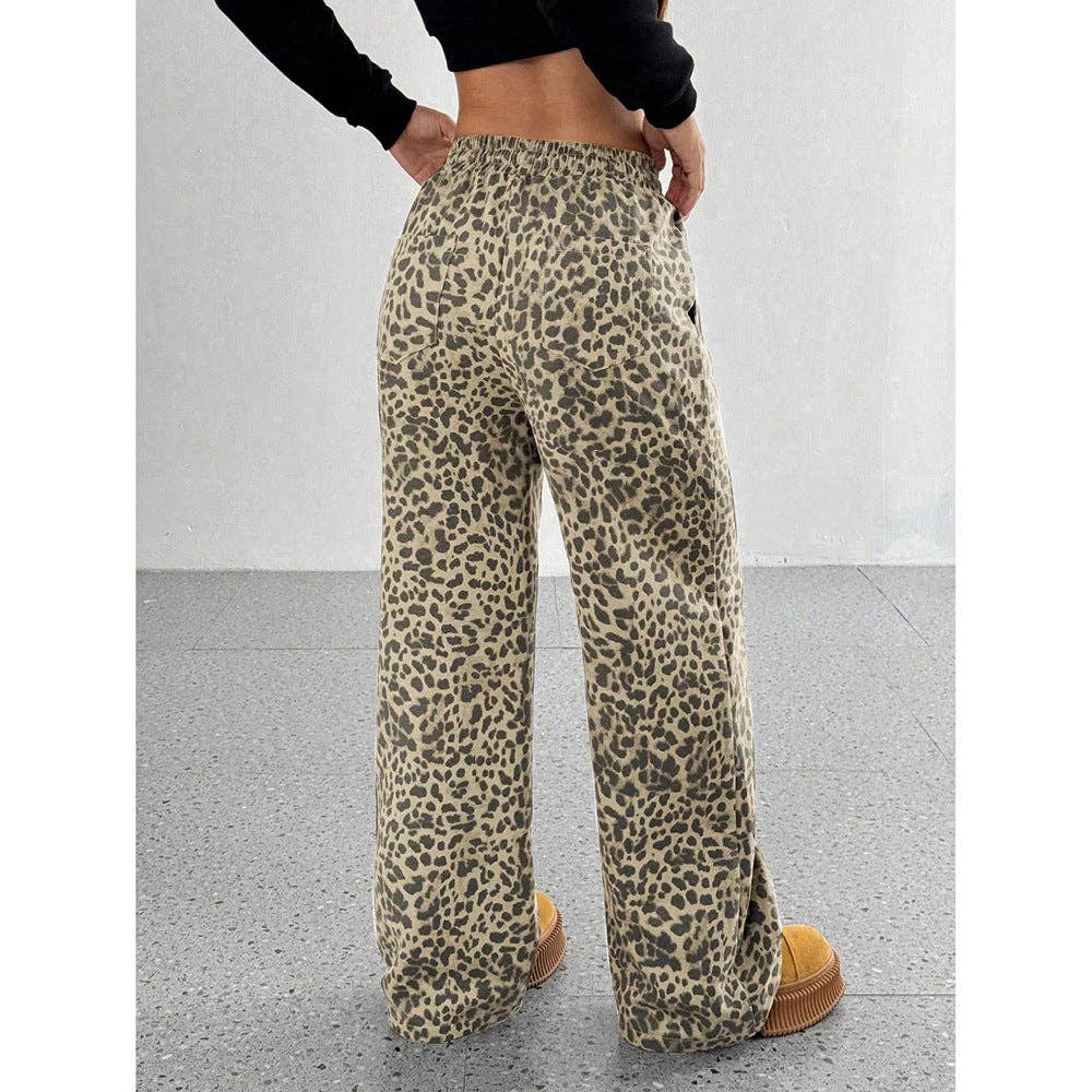 Leopard Print Wide Leg Pants High Waist Pocket Casual: Light Leopard / 100% polyester / M