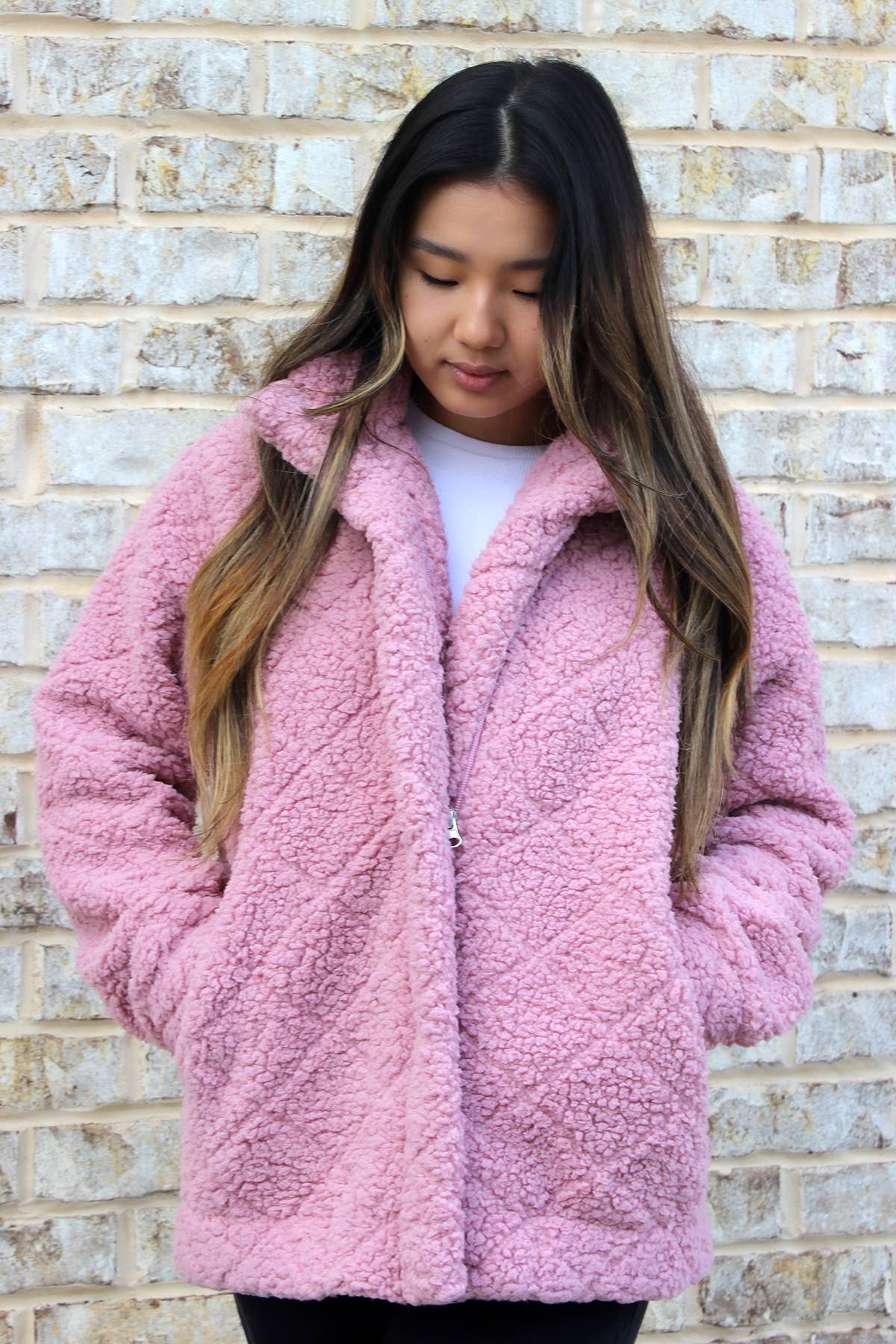 JKT2387 Candie Diamond Sherpa Jacket w/ Full Zip: Tan / S/M