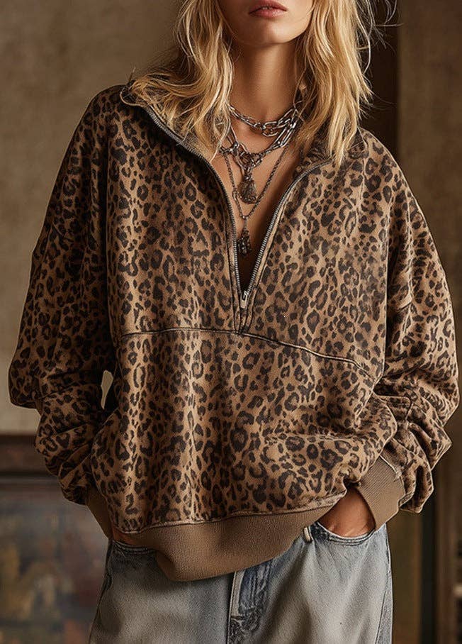 Leopard Print Half Zip Oversized Pullover Sweatshirt: Coffee / 95%Polyester+5%Elastane / XL