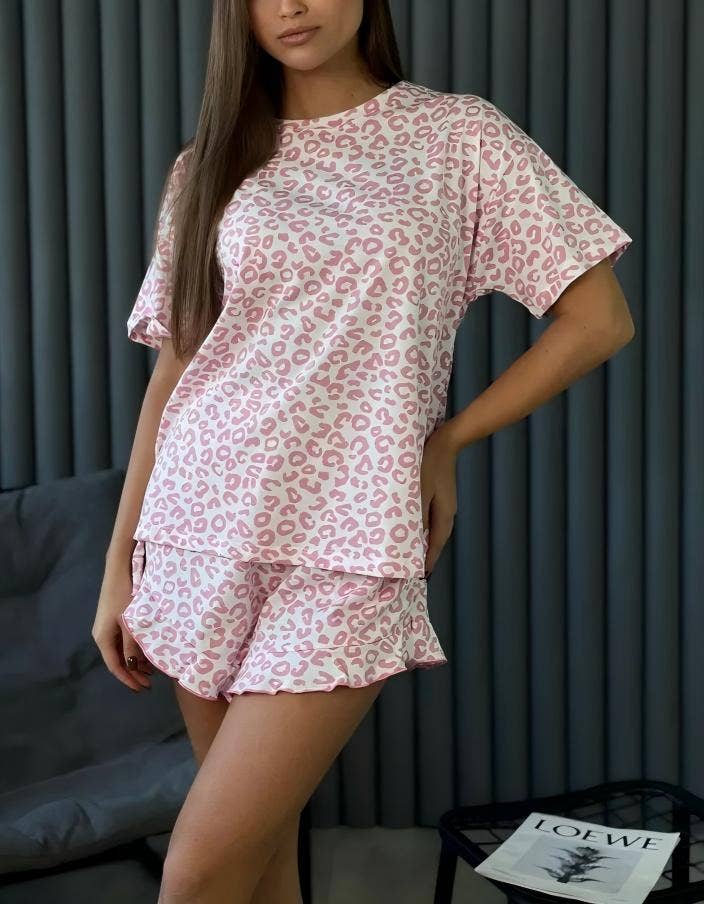 Leopard Print Pajama Set Ruffle Trim Shorts Loungewear: Gray Leopard Print / 95%Polyester+5%Elastane / M