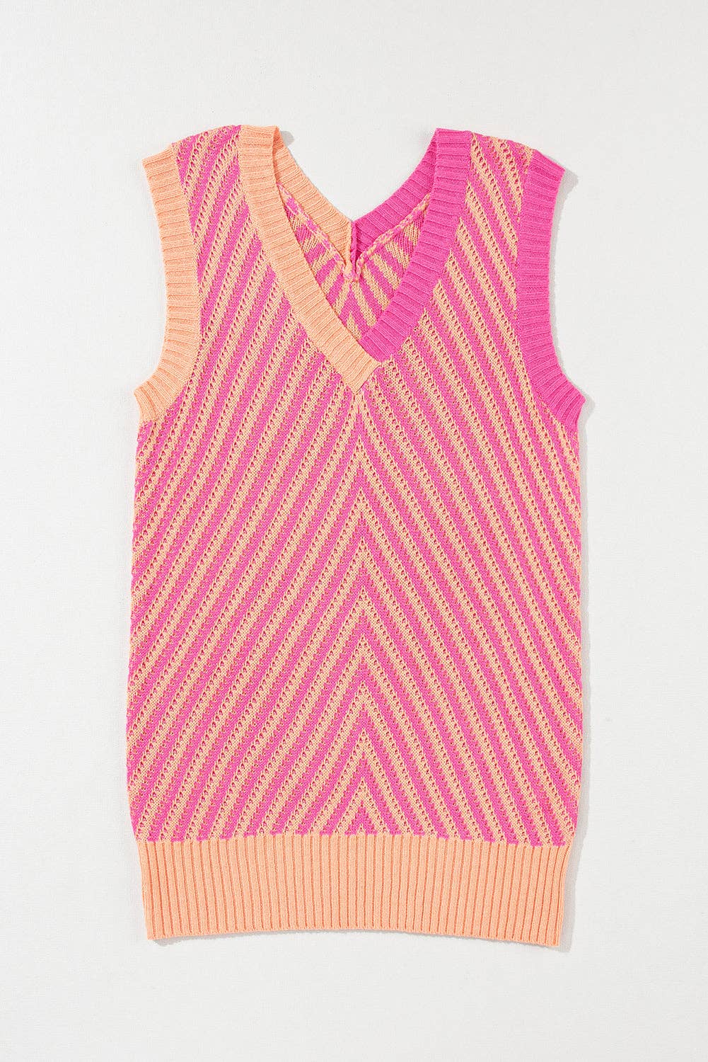 Strawberry Pink Contrast Chevron Knit V Neck Sweater Vest: Strawberry Pink / 100%Viscose / S
