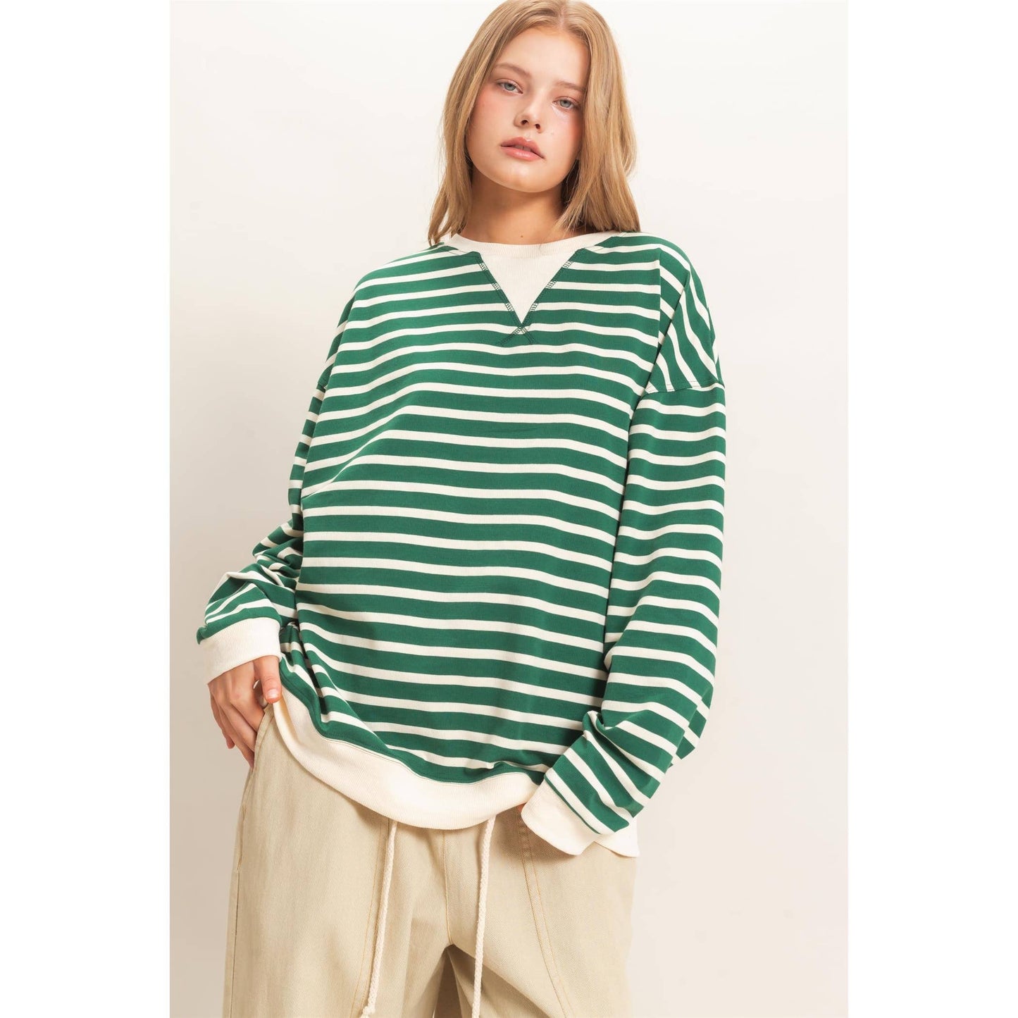 Striped Long Sleeve Pullover: BLACK/CREAM / S-M-L(2-2-2)
