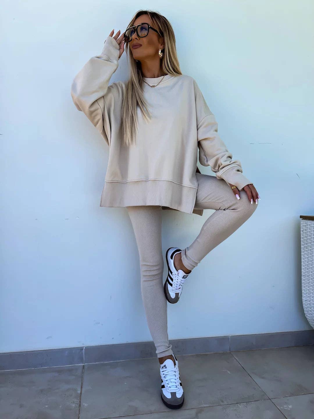 Oversized Sweatshirt and Leggings Two Piece Set: Blue / 100%Polyester / M