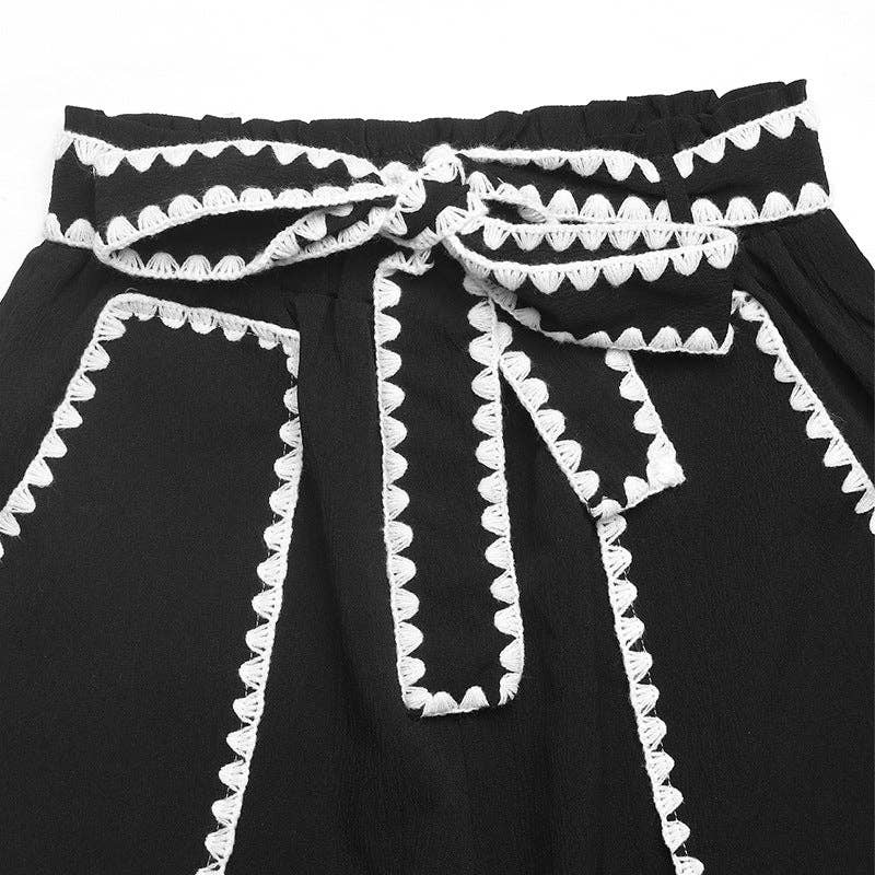 High Waist Wide Leg Drawstring Casual Pants: Black / 97%Polyester+3% Elastane / M