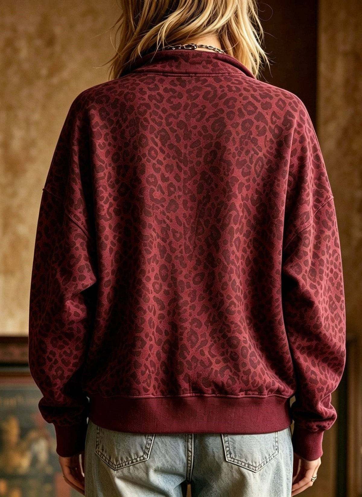 Leopard Print Half Zip Oversized Pullover Sweatshirt: Coffee / 95%Polyester+5%Elastane / XL
