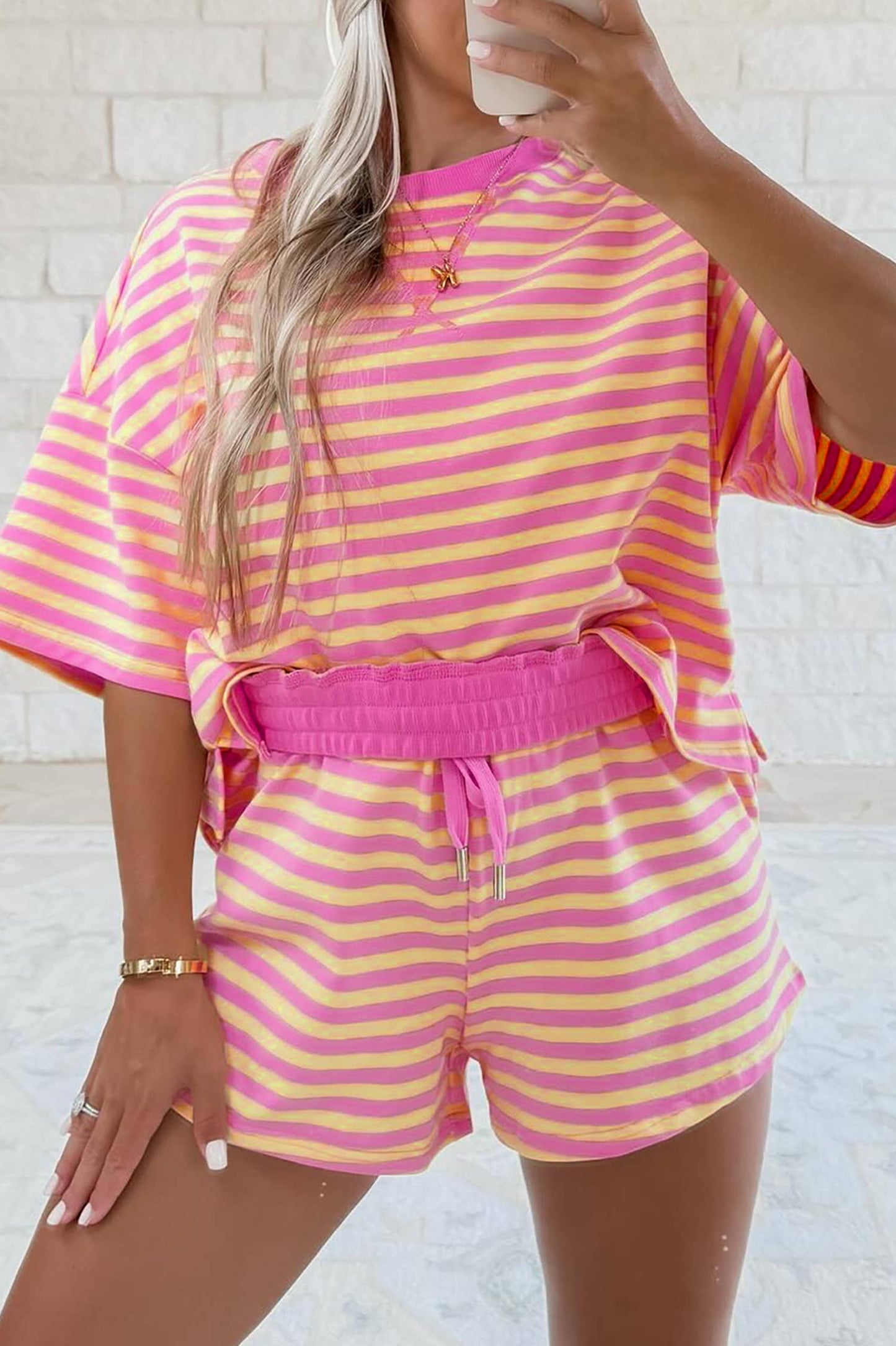 LAS Stripe Contrast Trim Boxy Terry Short Set (S-XL): Rose Stripe / Missy / M