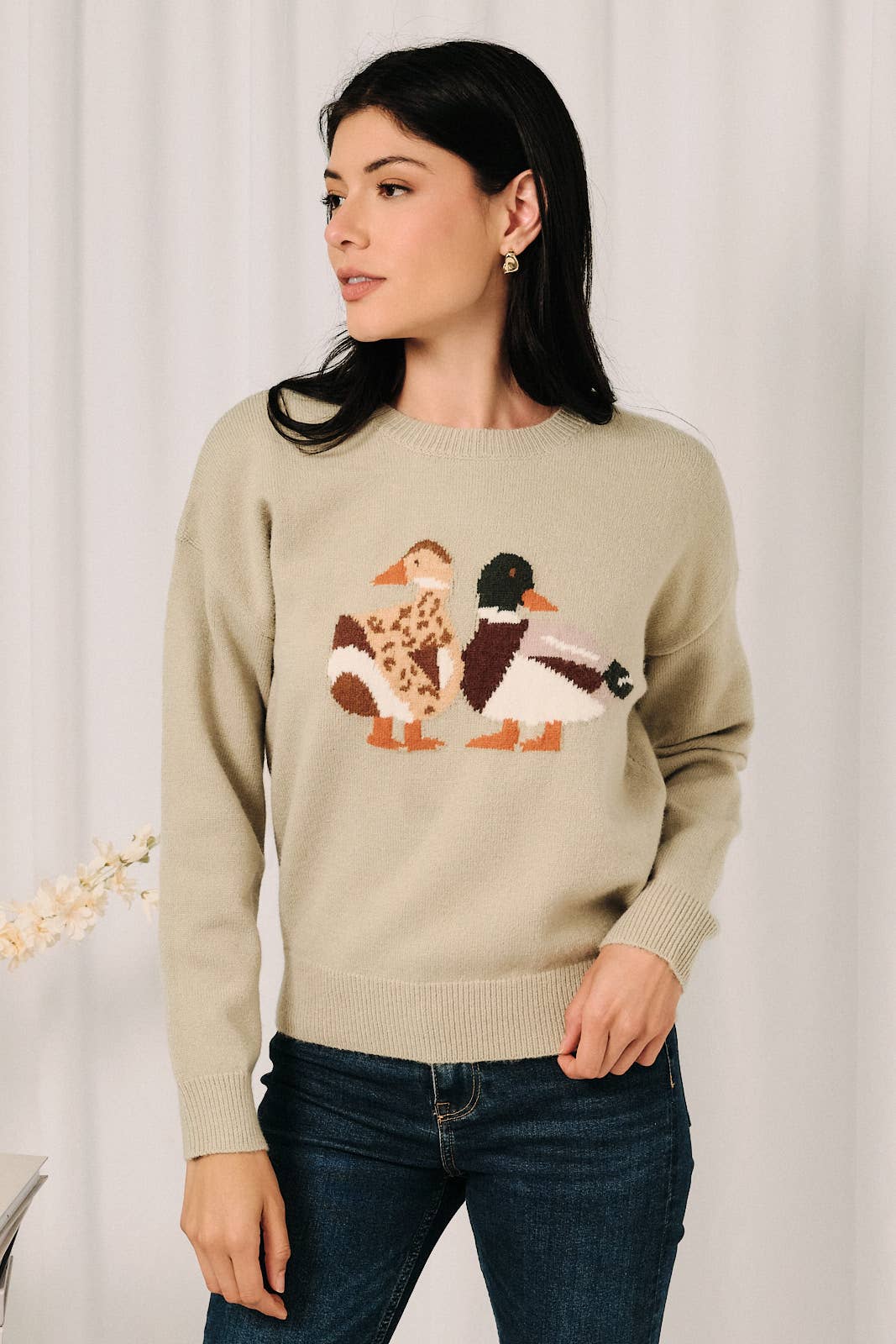 Round Neck Mallard Duck Graphic Long Sleeve Knit Sweater: LAVENDER / L