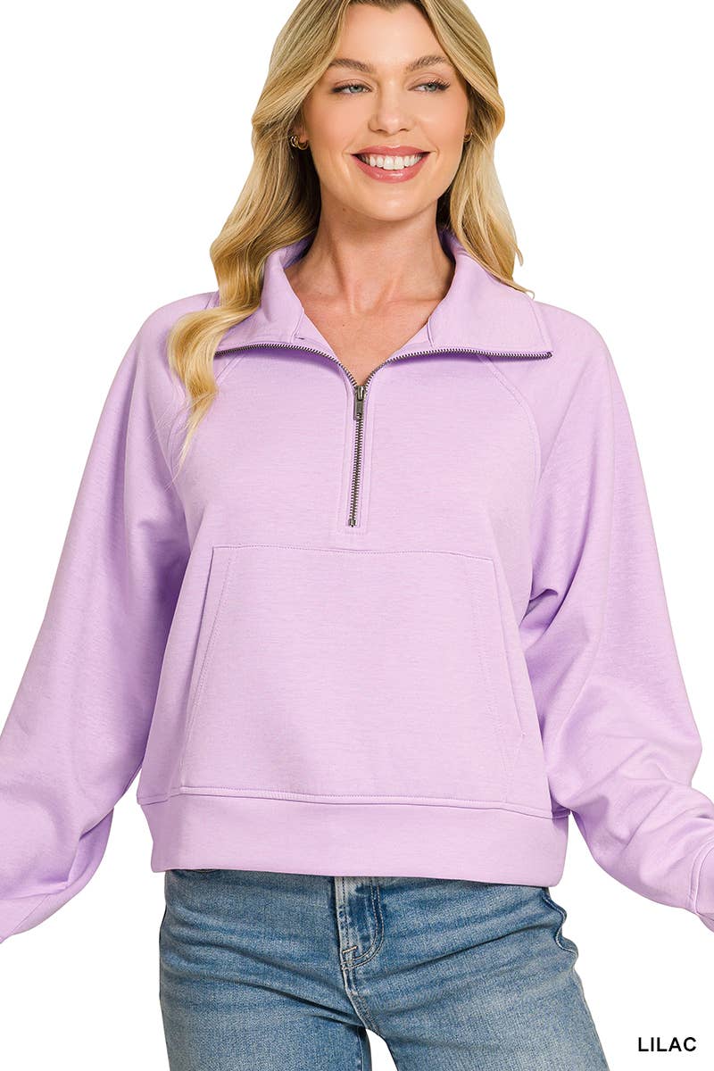 Scuba Half Zip Pullover With Kangaroo Pocket Zenana: H VANILLA-190580 / S