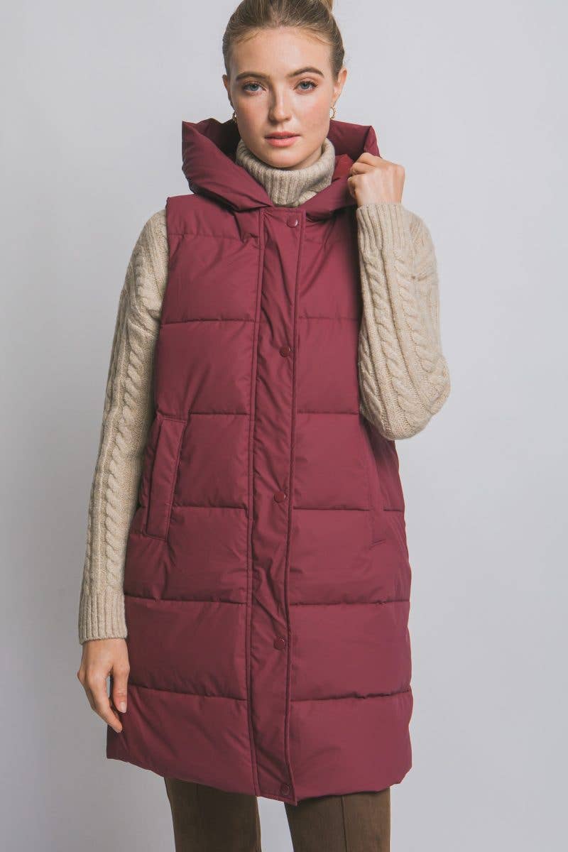Hooded Long Quilted Puffer Vest: BLACK / 2-2-2(S-M-L)