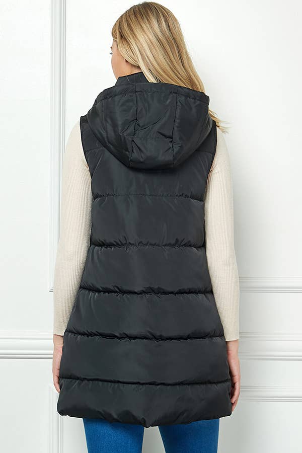 Longline Quilted Puffer Vest with Attached Hood: Black