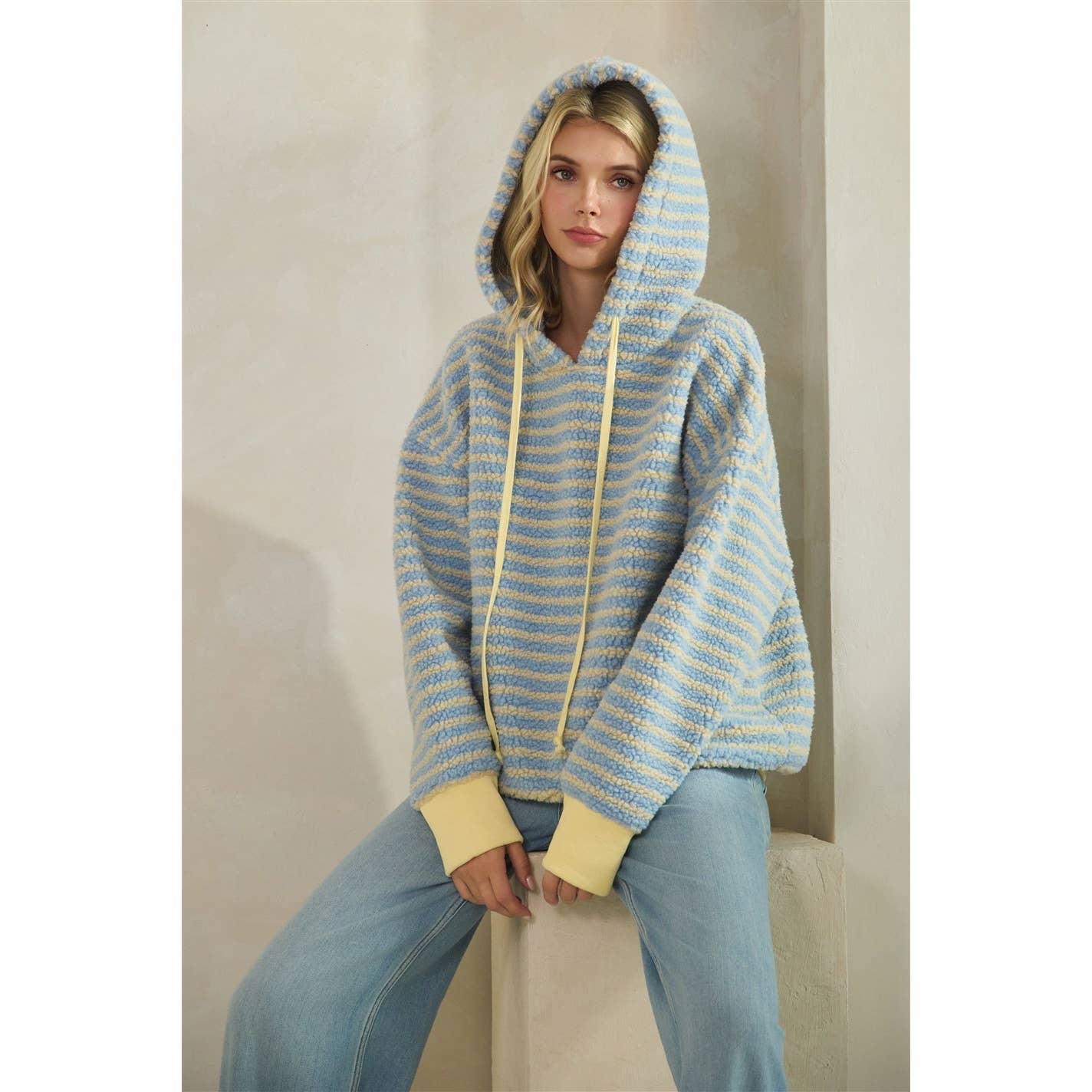 Teddy Striped Contrast Cozy Hoodie: Brown / S
