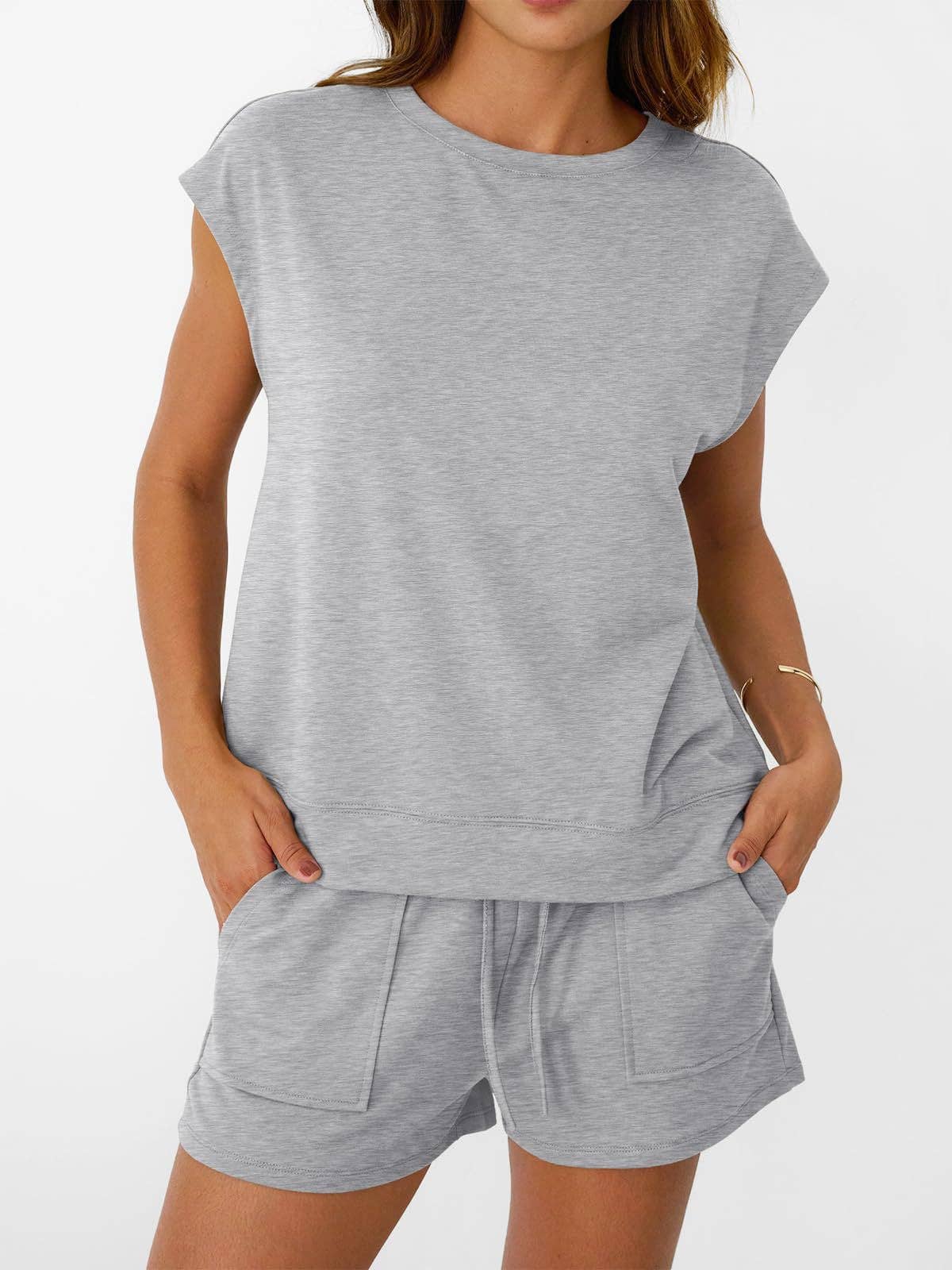 Casual Lounge Set Cap Sleeve Top Drawstring Shorts: Black / 65%Polyester+30%Viscose+5%Elastane / XL