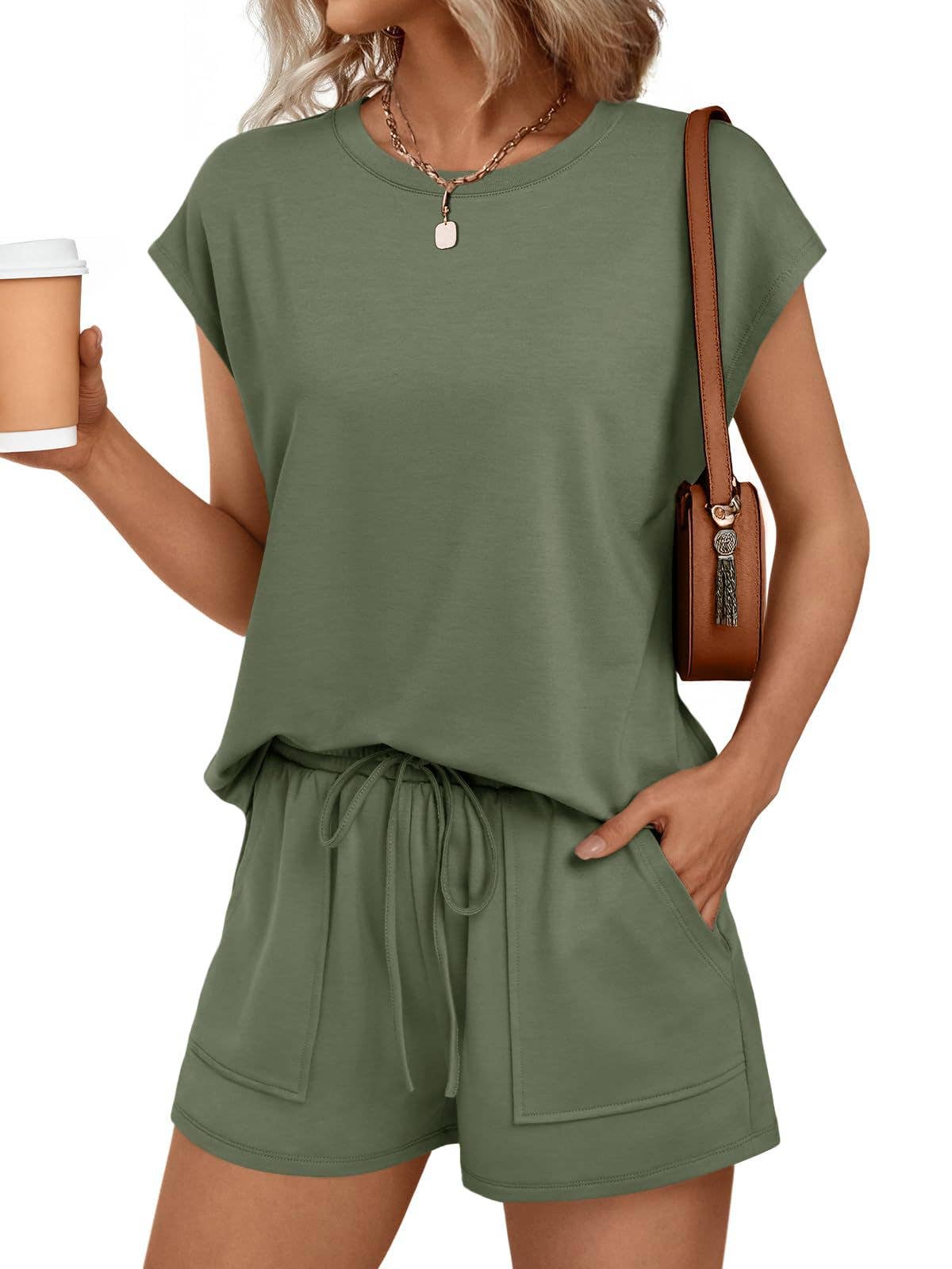 Casual Lounge Set Cap Sleeve Top Drawstring Shorts: Black / 65%Polyester+30%Viscose+5%Elastane / L