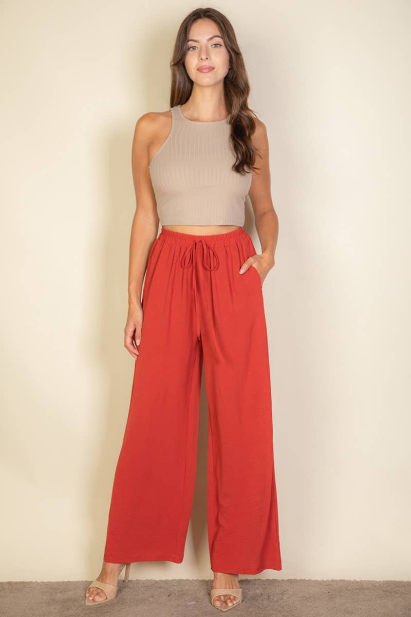 Drawstring waist wide leg minimalist pants: Black / L