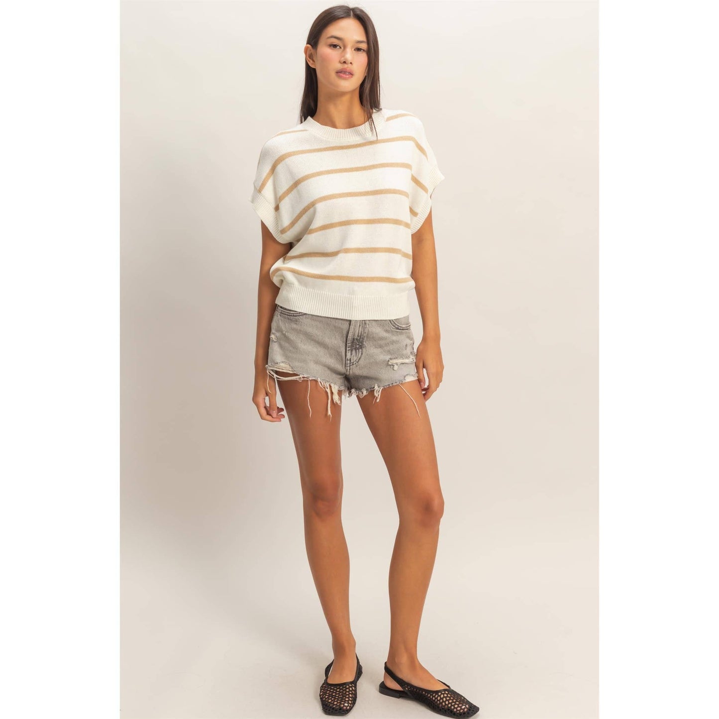 Striped Crew Neck Knit Top: BLUE / S-M-L(2-2-2)
